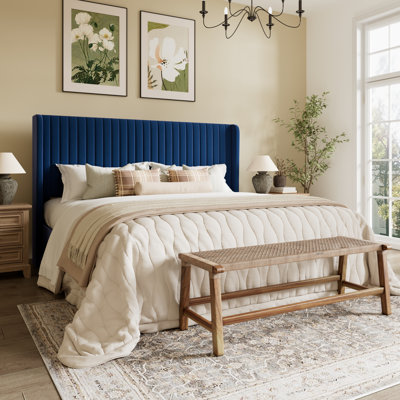Candler Velvet Upholstered Platform Bed with Wingback Headboard and Wooden Slats