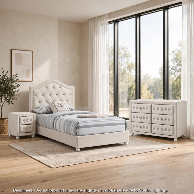 Ensemble de chambre complet, meuble de rangement rembourré, beige, 3 pièces avec commode, 3 Pcs: Bed, Nightstand, Dresser