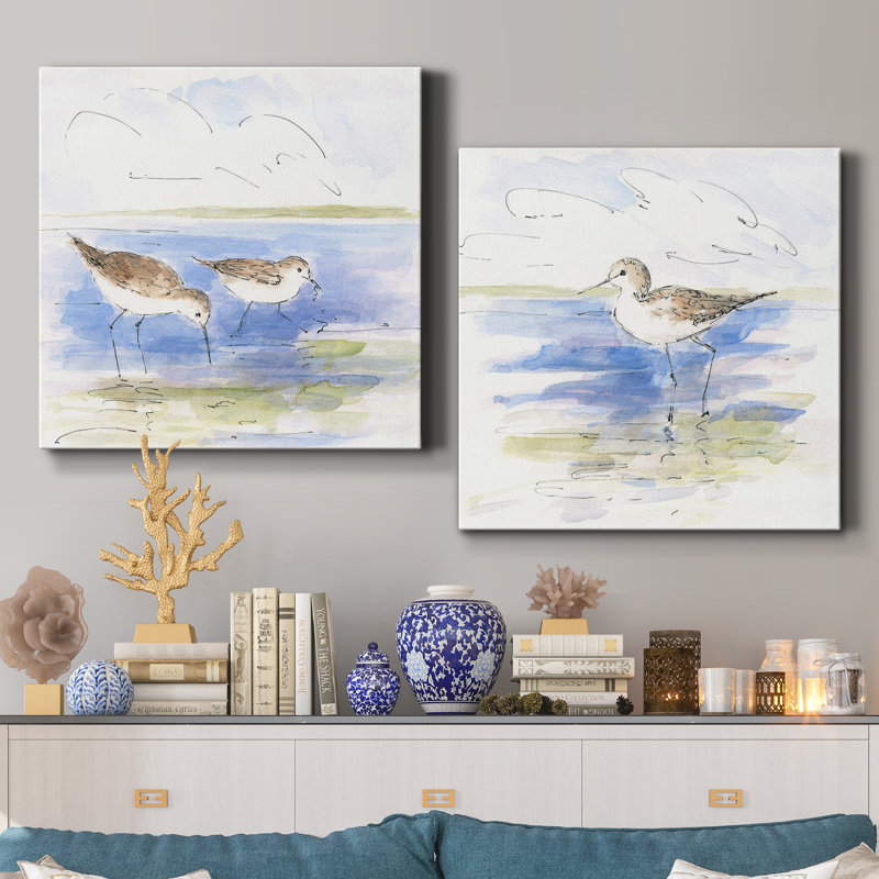 S Croquis d'oiseaux de rivage I - ensemble de 2 peintures, H 16 po x l 32 po x P 1 po, Toile tendue