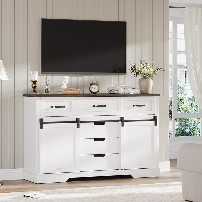 Commode 6 tiroirs avec portes de grange coulissantes et miroir de maquillage lumineux Modern