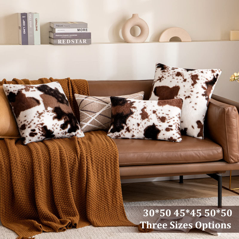 Ensemble de 2 housses de coussins décoratifs en fausse fourrure de luxe en cuir de vache moelleux et moelleux