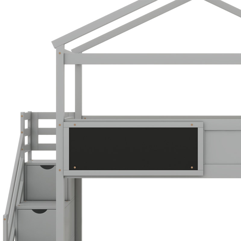 Lit superposé House avec escalier de rangement et tableau noir House, gris