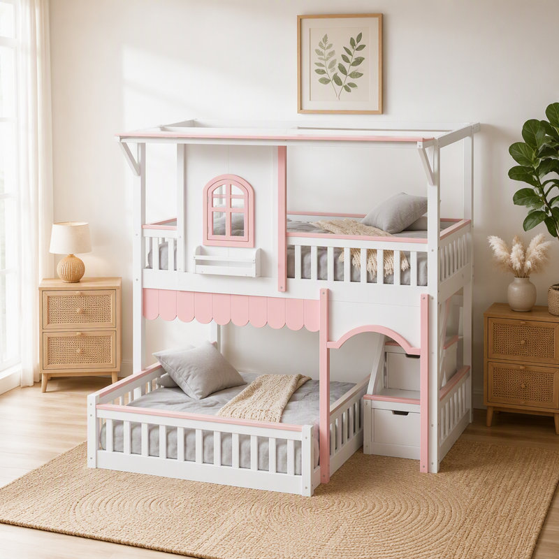 Lit superposé double au-dessus d'un lit double avec escalier de rangement, lit superposé avec fenêtre et bibliothèque latérale, espace inférieur convertible pour dormir ou jouer, cadre de lit en bois massif conçu pour jouer. Blanc et rose