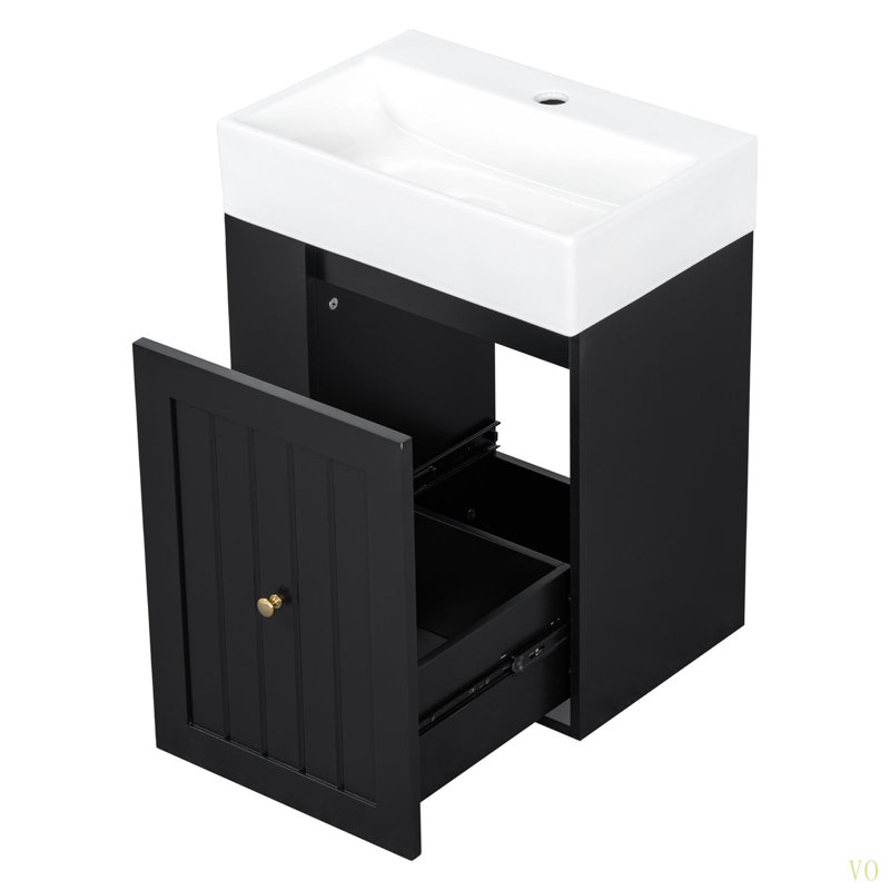 Meuble-lavabo de 20 pouces avec lavabo en céramique, armoire de rangement en panneau de fibres à densité moyenne avec tiroir, tablette latérale et poignée - Meuble-lavabo moderne pour les petites salles de bain
