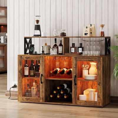 Armoire de bar autoportante avec lumière DEL, prises de courant, support à vin et porte-verre