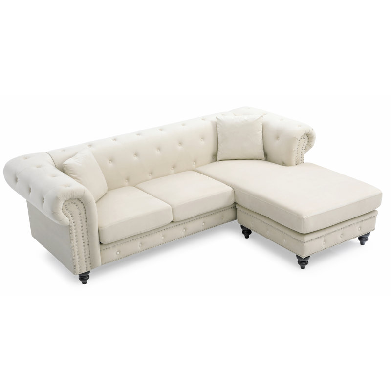 Nola Velvet L-Shaped Sectional Reversible, Ivory