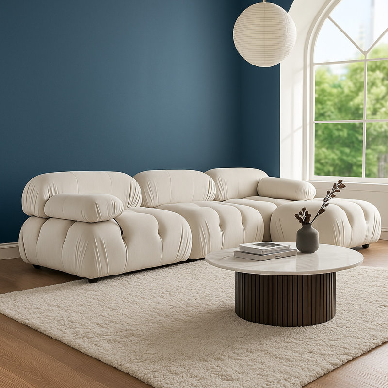 Ensemble de canapé modulaire 4 pièces Hito, capitonné Bubble, Velours crème, H 29 po x l 111 po x P 62 po