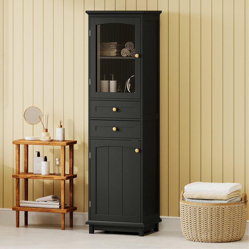 Stylish Storage Cabinet For Bathroom, Tall Storage Cabinet With Glass Doors, Freestanding Bathroom Cabinet With Drawers And Adjustable Shelves