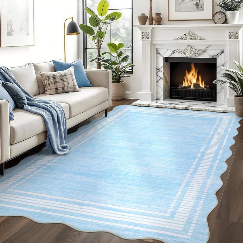 Washable Scalloped 5x7 Rug Living Room Rugs 5x7 Non-Slip Washable Solid Neutral Carpet, Modern Scalloped Rug Indoor Faux Wool Floor Mats for Bedroom Playroom Dining Room Home Office, Light Blue