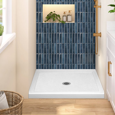 30" L x 30" W Single Threshold Shower Base with Center Drain, Acrylic Shower Pan with Fiberglass Reinforced, Glossy White Shower Tray with Drain Assembly, Integrated 3-Sided Tile Flange Shower Base for 3-Wall Alcove Installation