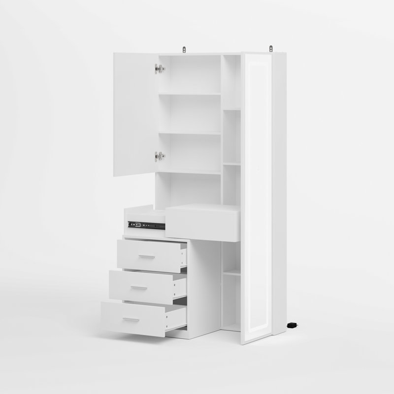 Organisateur de beauté avec miroir lumineux et tiroirs de rangement, Blanc