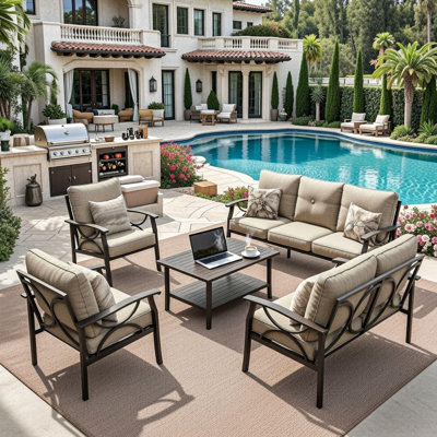 Mobilier de patio en métal résistant aux intempéries, 7 places, coussins beiges de 10 cm d'épaisseur, structure kaki, table basse pour pique-nique en plein air, au bord de la piscine.