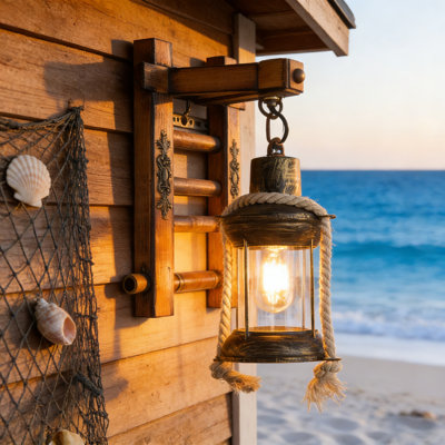 Rustic Farmhouse Lantern Wall Sconce With Wooden Bracket & Rope Accent