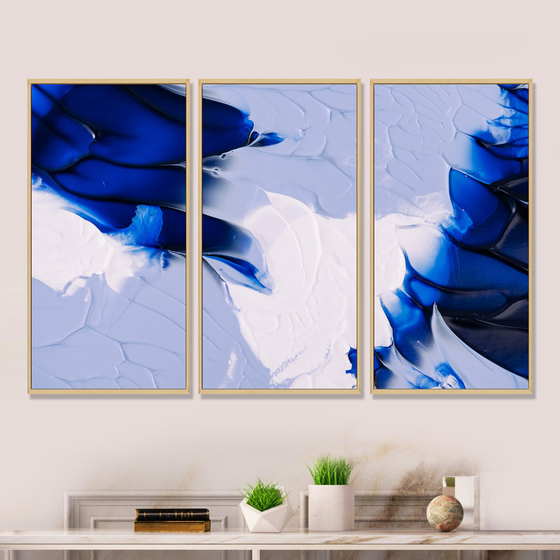 Abstrait bleu gris et vagues blanches - peinture sur toile flottante 3 pièces, Érable, H 20 po x l 36 po
