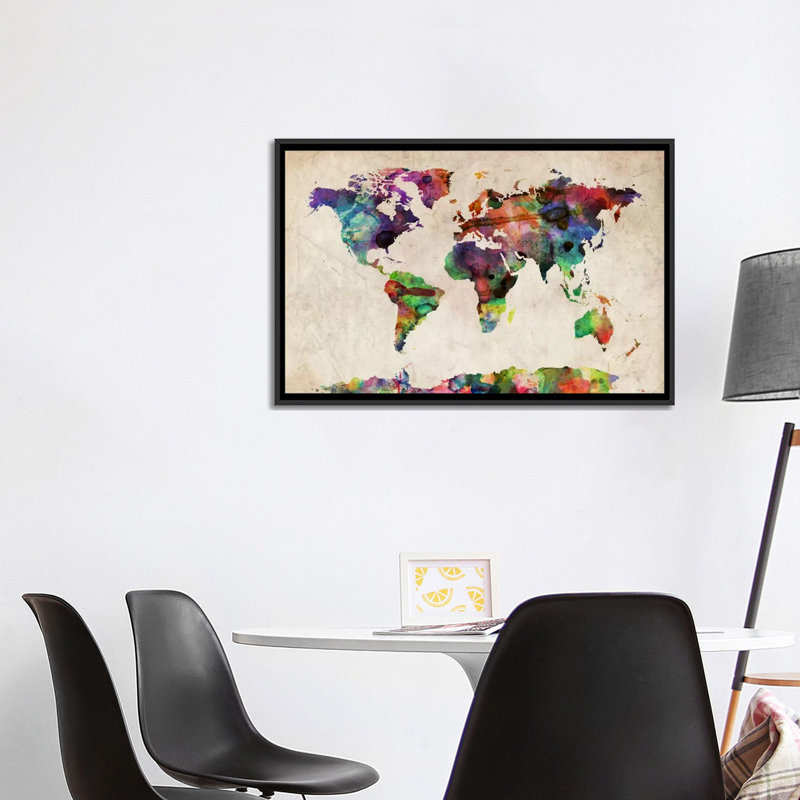 « world map urba aquarelle ii » par michael tompsett-print, H 32 po x l 48 po x P 1,5 po, Toile avec cadre noir