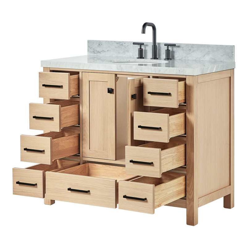 Cambridge 43'' Single Bathroom Vanity with Carrara Marble Top, Oak / Matte Black