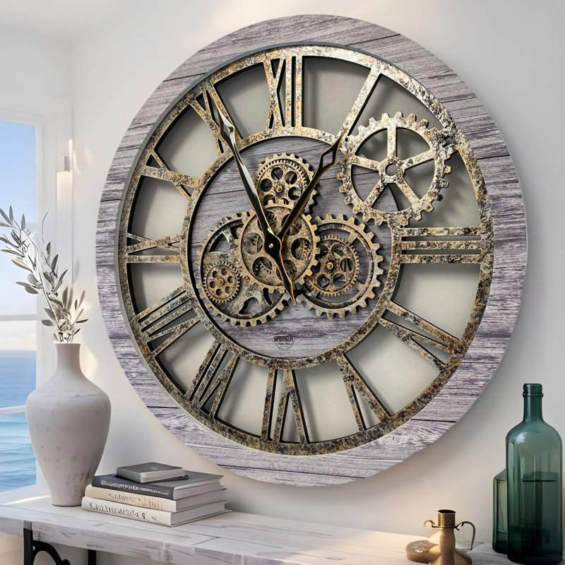 Horloge murale ronde surdimensionnée de 24 po pour le salon avec la collection America, Gris argenté
