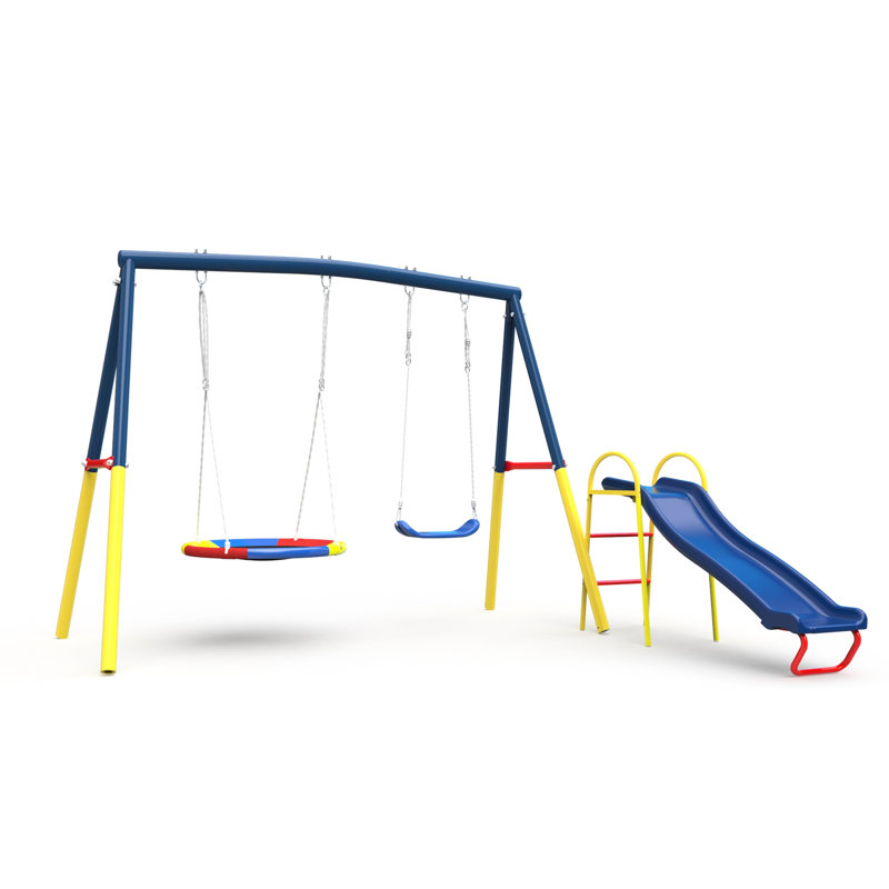 Balançoire 3 en 1, métal d'extérieur robuste avec glissoire, pour un divertissement en toute sécurité