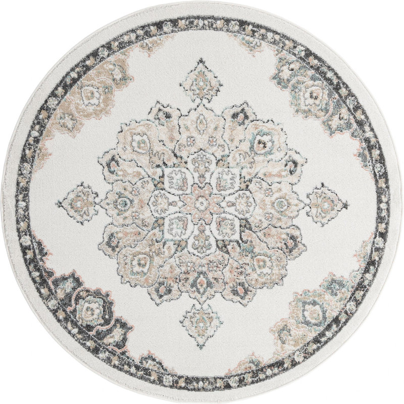 Tapis traditionnel Makay de couleur ivoire, Rond 5 pi