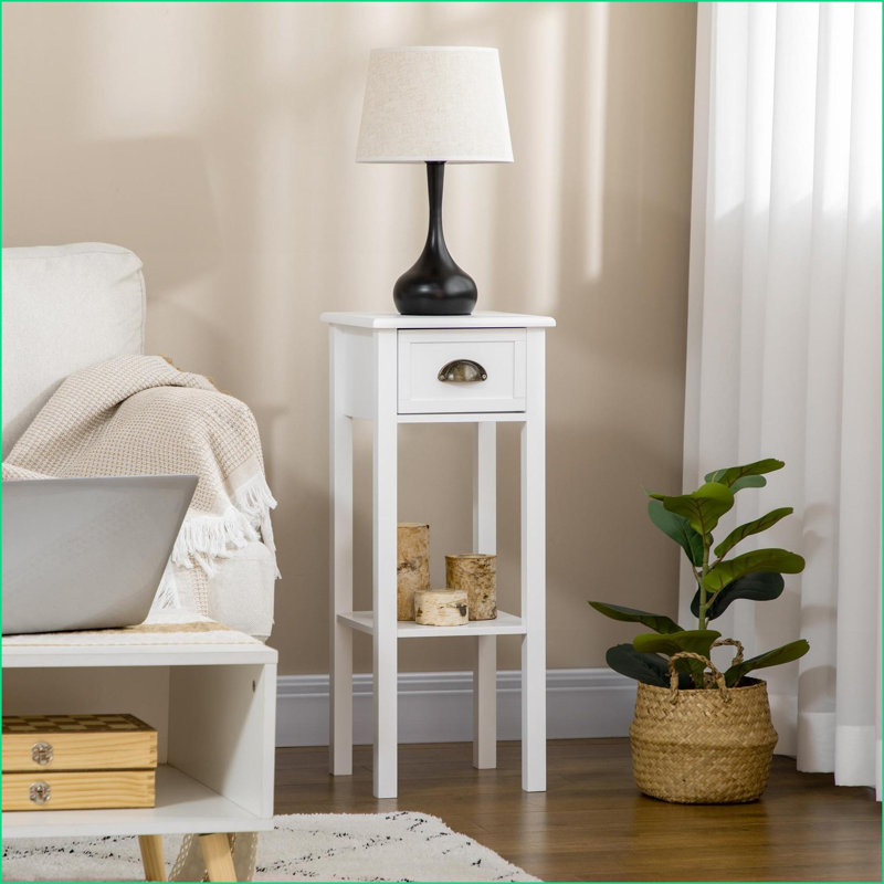 Table basse blanche à 2 niveaux, tiroir et tablette inférieure pour le salon / chambre à coucher