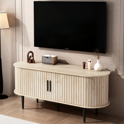 Meuble télé 47 po, rangement, porte coulissante, salon, chambre à coucher, bureau, centre de divertissement de jeu Mid-Century, 5 pieds en bois, couleur bois naturel