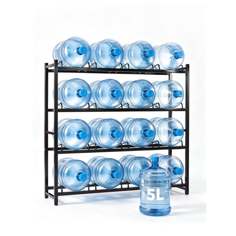 Support de rangement robuste à 4 niveaux pour cruche d'eau, pouvant contenir 16 bouteilles de 5 gallons, support de réservoir d'eau amovible en fonte noire, organisateur d'économie d'espace pour le bureau, la cuisine et le garage
