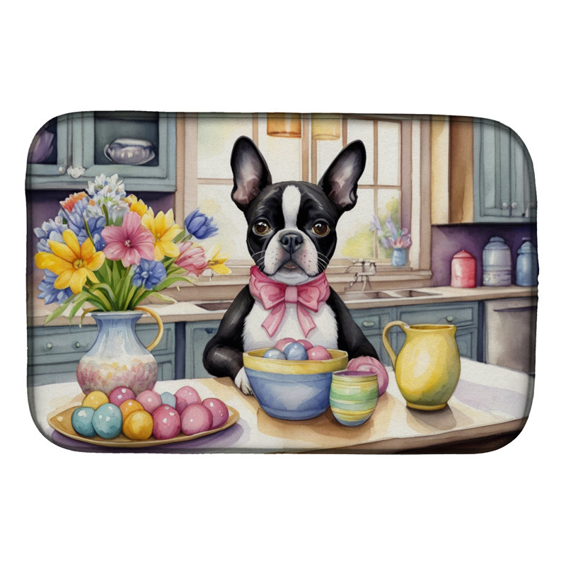 Decorating Easter Boston Terrier Dish Drying Mat