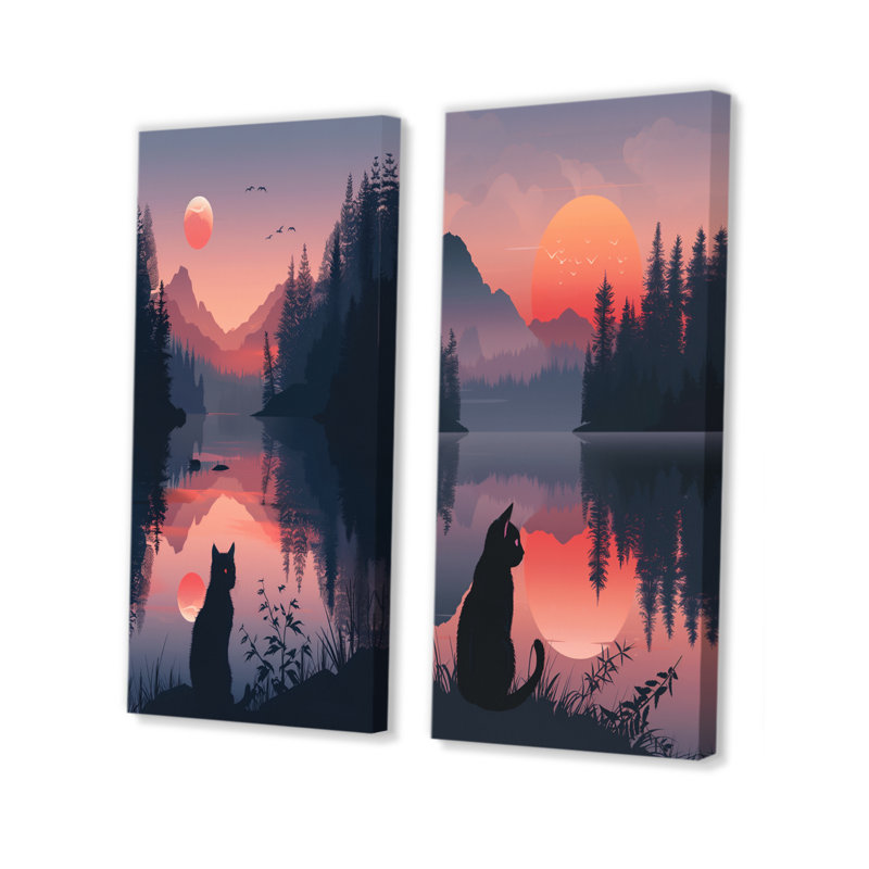 Silhouette de chat rose noir, coucher de soleil I, ensemble d'art mural 2 pièces, H 32 po x l 32 po, Toile tendue sur cadre