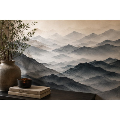 Papier peint mural paysage aquarelle montagne bleu-gris brumeux | Intissé ou autocollant