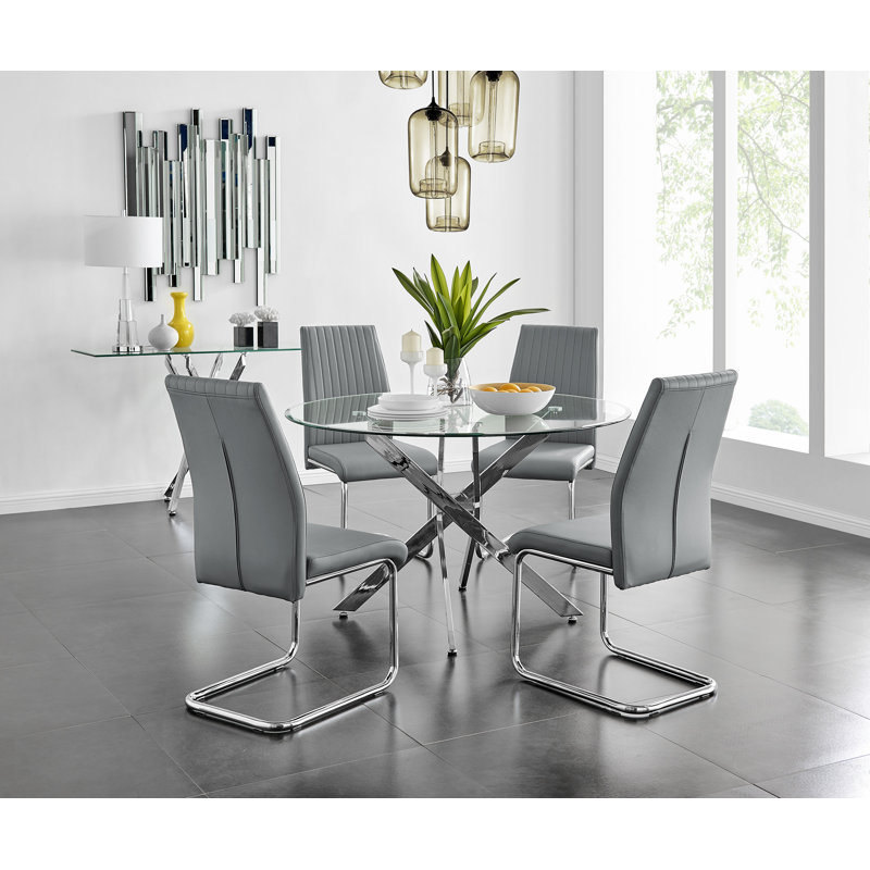 Tierra Modern Chrome Metal & Glass Round Dining Table Set with 4 Upholstered Faux Leather Chairs, Elephant Grey