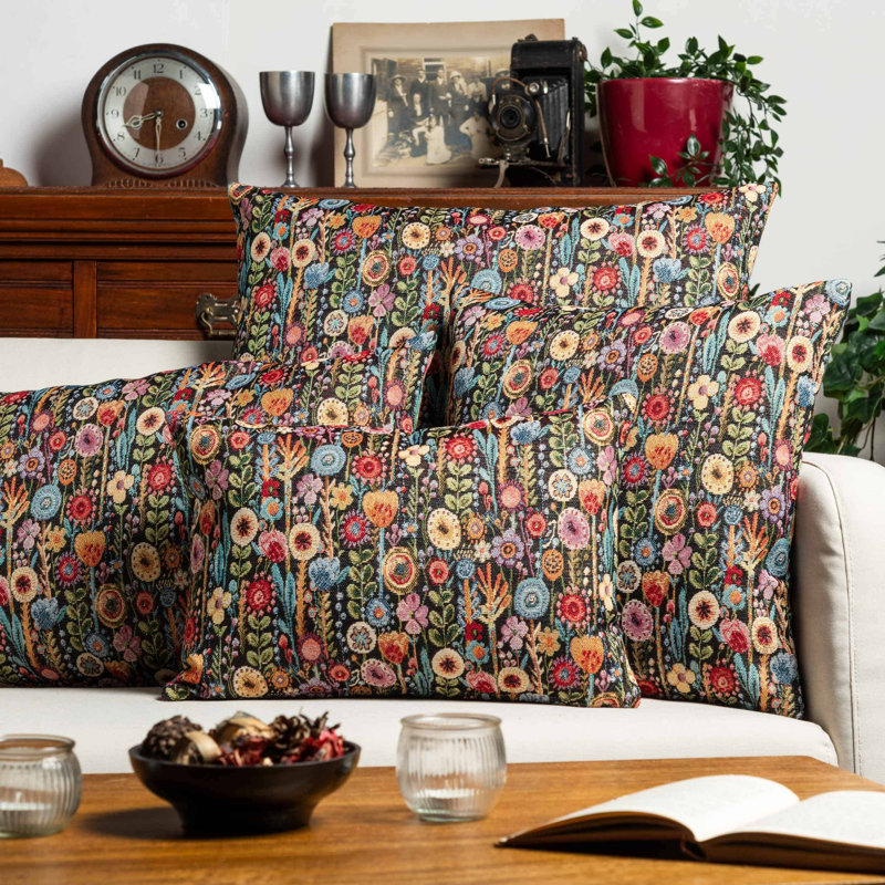 Secret Garden Tapestry Cushion in Midnight Black, 43x43cm, Feather filled