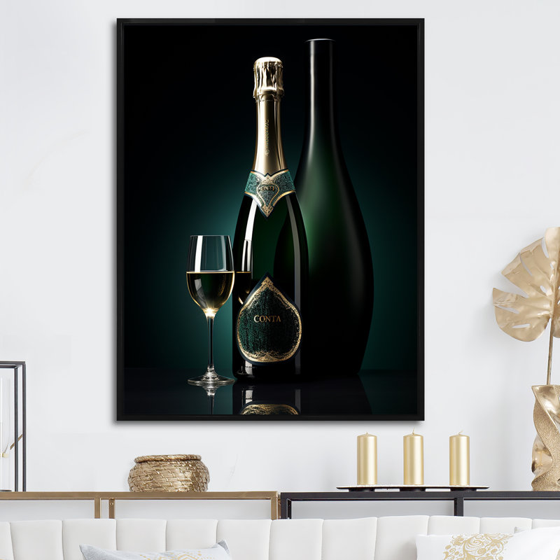 Prestiges profil vert champagne I - vin et champagne, reproduction d'art sur toile, Cadre flottant noir