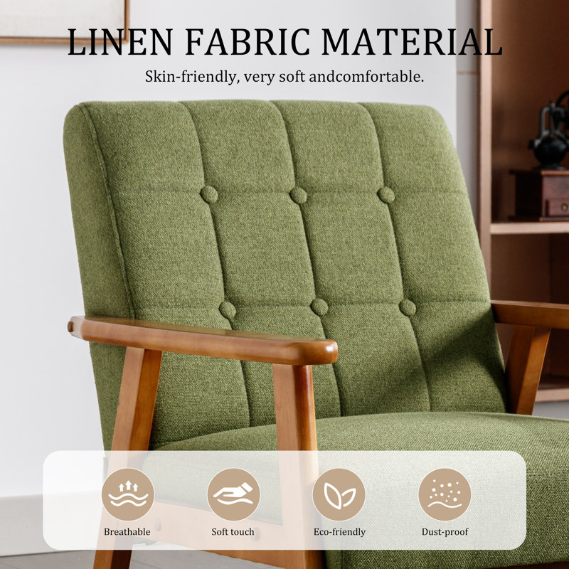 Accent Chair, Mid-century Modern Armchair With Solid Wood Frame,armchair For Living Room, Bedroom（set Of 2）, Green Linen