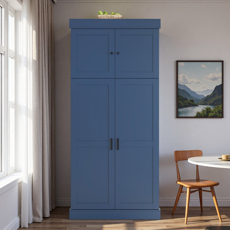 Grand garde-manger autoportant avec tablettes réglables, tablettes de porte, tiroirs et porte-bouteilles, Bleu