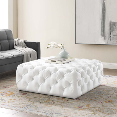 Anthem Tufted Button Large Square Faux Leather Ottoman In White