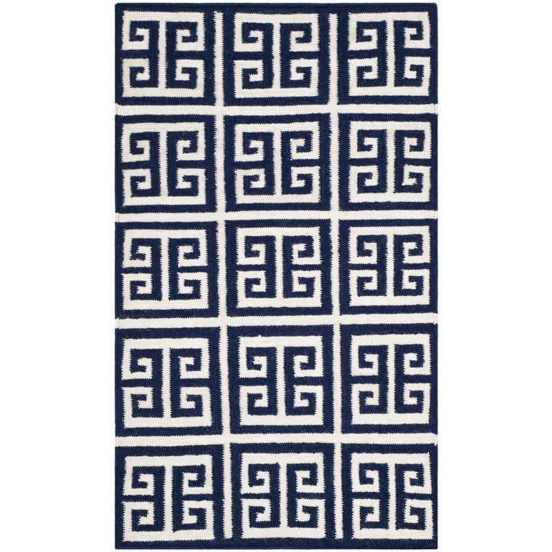 Rodgers Hand Woven Flat Weave Banana Silk/Wool/Cotton Geometric Rug in Navy/Ivory, Rectangle 3' x 5'