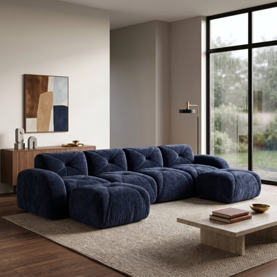 Canapé modulable 4 places sans structure avec 2 poufs amovibles, canapé de sol en velours capitonné, mousse haute densité 32D, livré monté, bleu