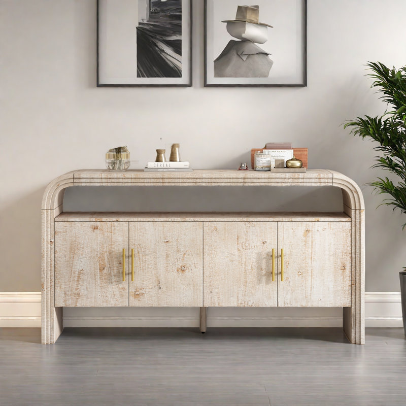 Buffet rétro rétro minimaliste avec poignées dorées, armoire de rangement multifonctionnelle avec 4 portes, console d'entrée avec tablette ouverte pour le salon, la salle à manger