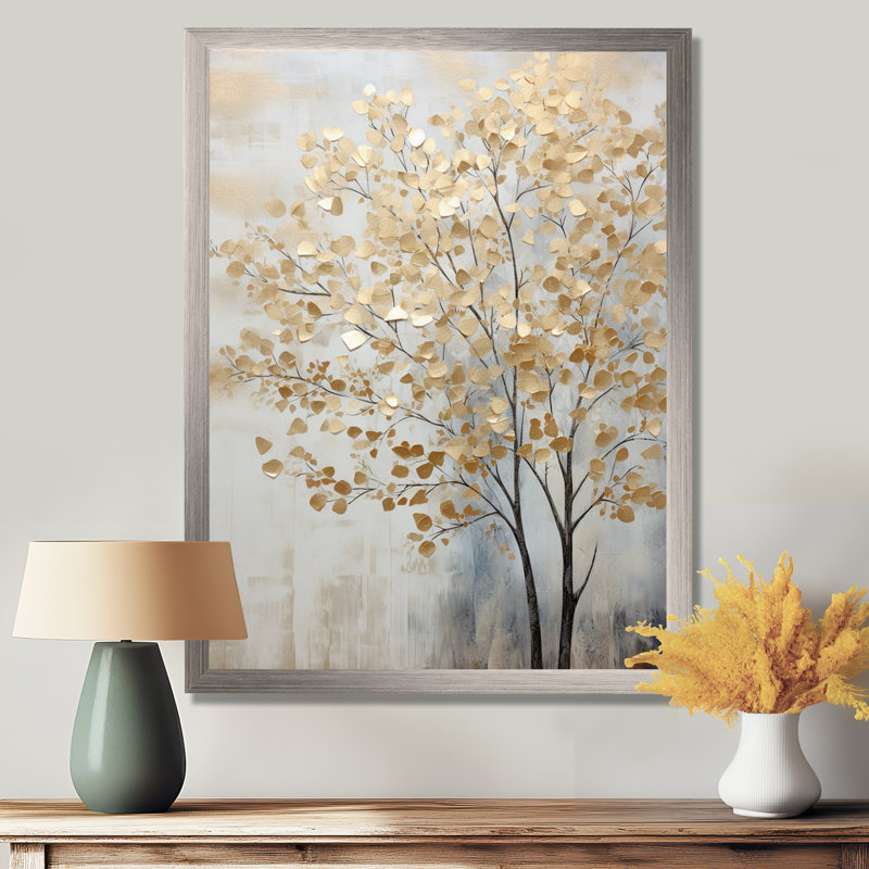 Minimalisme, scène d'arbres bleus et dorés - Art mural arbres, H 40 po x l 30 po x P 1,5 po, Cadre flottant noir