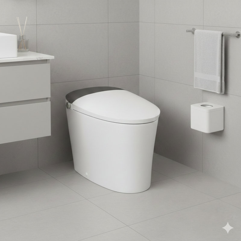Elongated smart toilet with integrated bidet, ADA comfort-height heated seat, powerful 1000g MAP rated flush, warm water washing/dryer, nightlight, and a dual-flush system (1/1.28 GPF) for residential bathrooms.