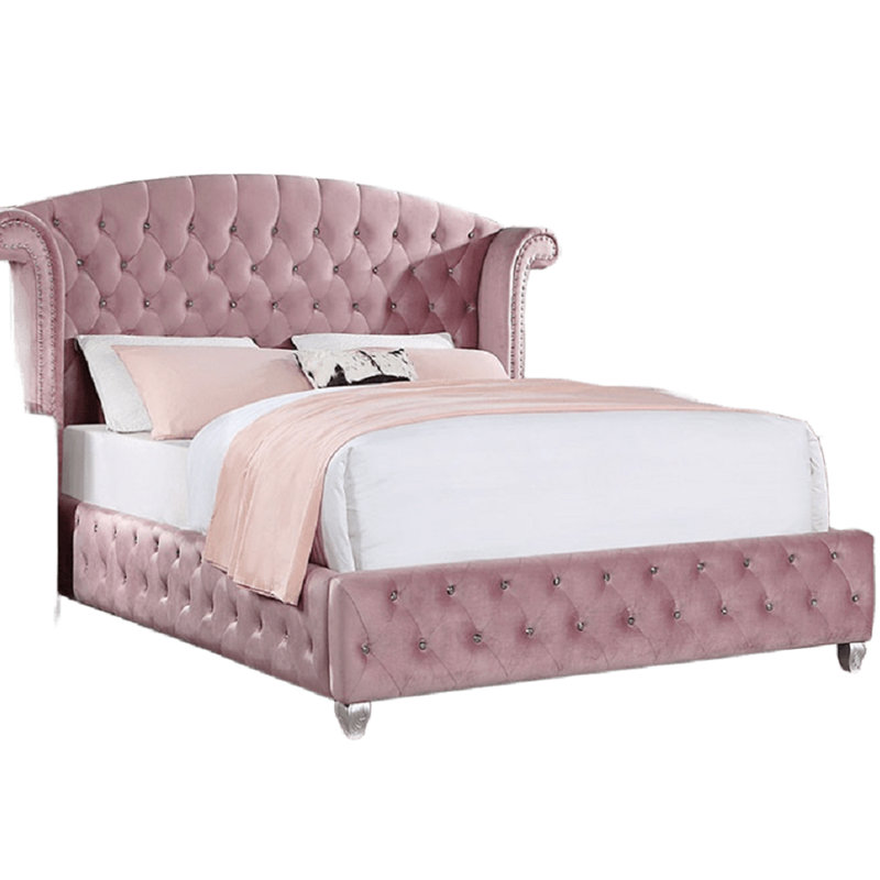 Lit simple en flanelle moderne rose avec revêtement en velours et pieds en cristal