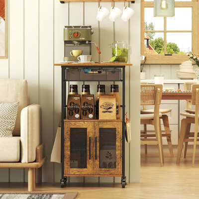 3-Tier Rolling Coffee Cart With Cabinet Doors And Pull-Out Basket Drawer, Microwave Stand On Lockable Wheels, Coffee Bar Storage Cabinet For Kitchen, Dining Room, Or Home Use