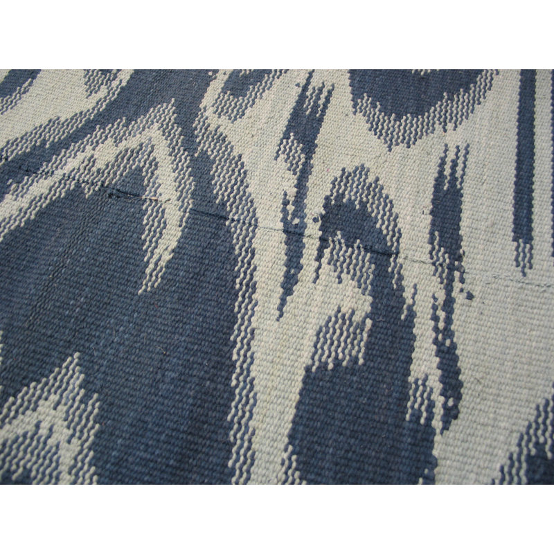 Tapis bleu / ivoire en laine noué à la main de conception unique 8 pi x 10 pi