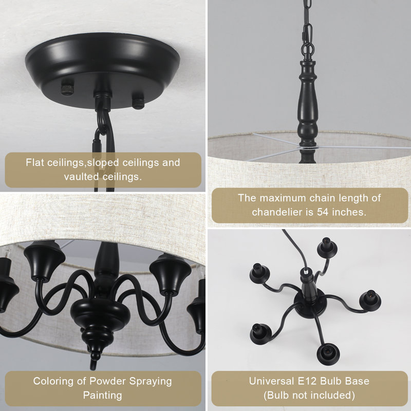 5 - Light Dimmable Drum Chandelier with Linen Shade and Adjustable Chain, Matte Black