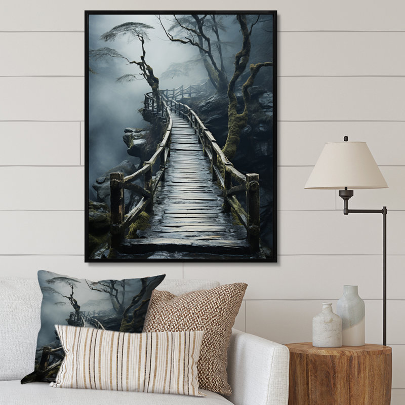 «Belony Grey Bridge Tranquil Passage Slate», reproduction sur toile, H 32 po x l 24 po x P 1 po, Cadre flottant noir