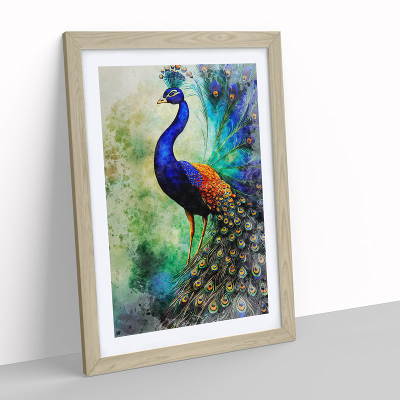 Watercolour Peacock No.2 - Single Picture Frame Painting, Oak, 64cm H x 46cm W x 2cm D