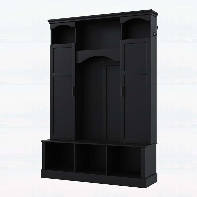 Elegant Design Hall Tree,Arched Storage Bench with Dual Side Cabinets,Elegant Entryway Organizer with 7 Hooks, Black