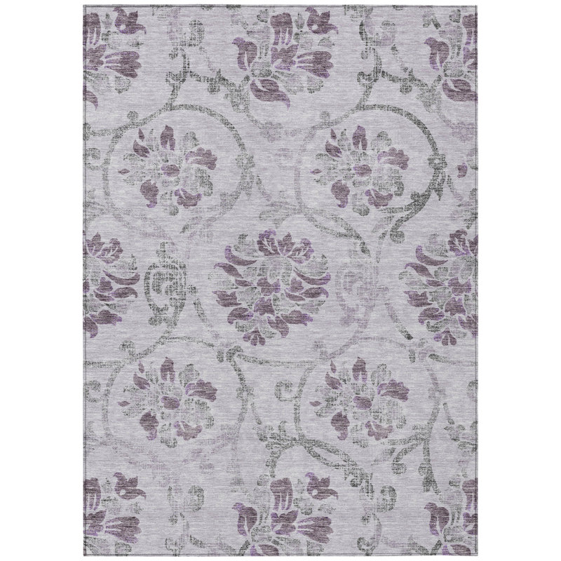 3' X 5' Lavender Purple And Gray Floral Washable Indoor Outdoor Area Rug
