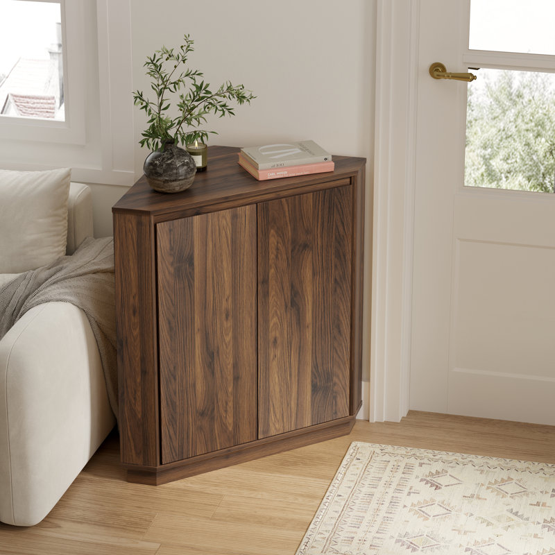 Armoire de plancher moderne sans poignée avec 2 portes et tablettes réglables, Brun