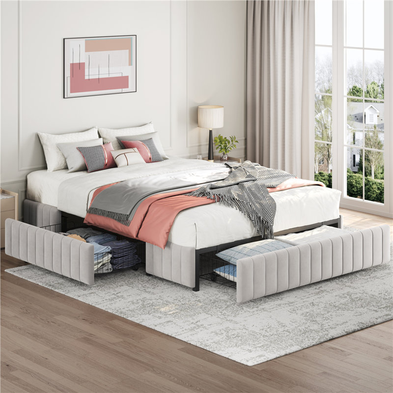 Structure de lit tapissier moderne avec rangement, Beige, Lit double